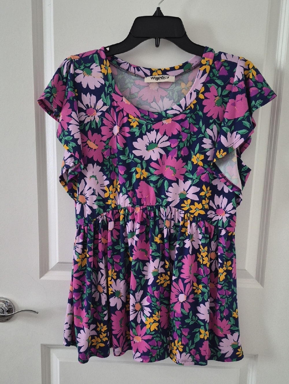 Hapics Floral Flutter-Sleeve Top - Navy with Pink & Yellow Flowers
